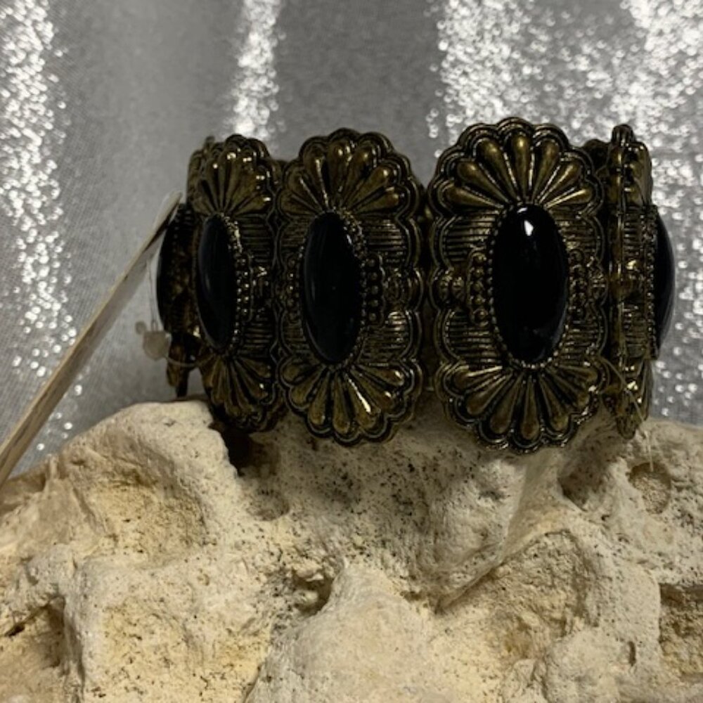 BRONZE TONE AND BLACK BEADED ELASTIC STRETCH BRACELET BY DEVAN NWT